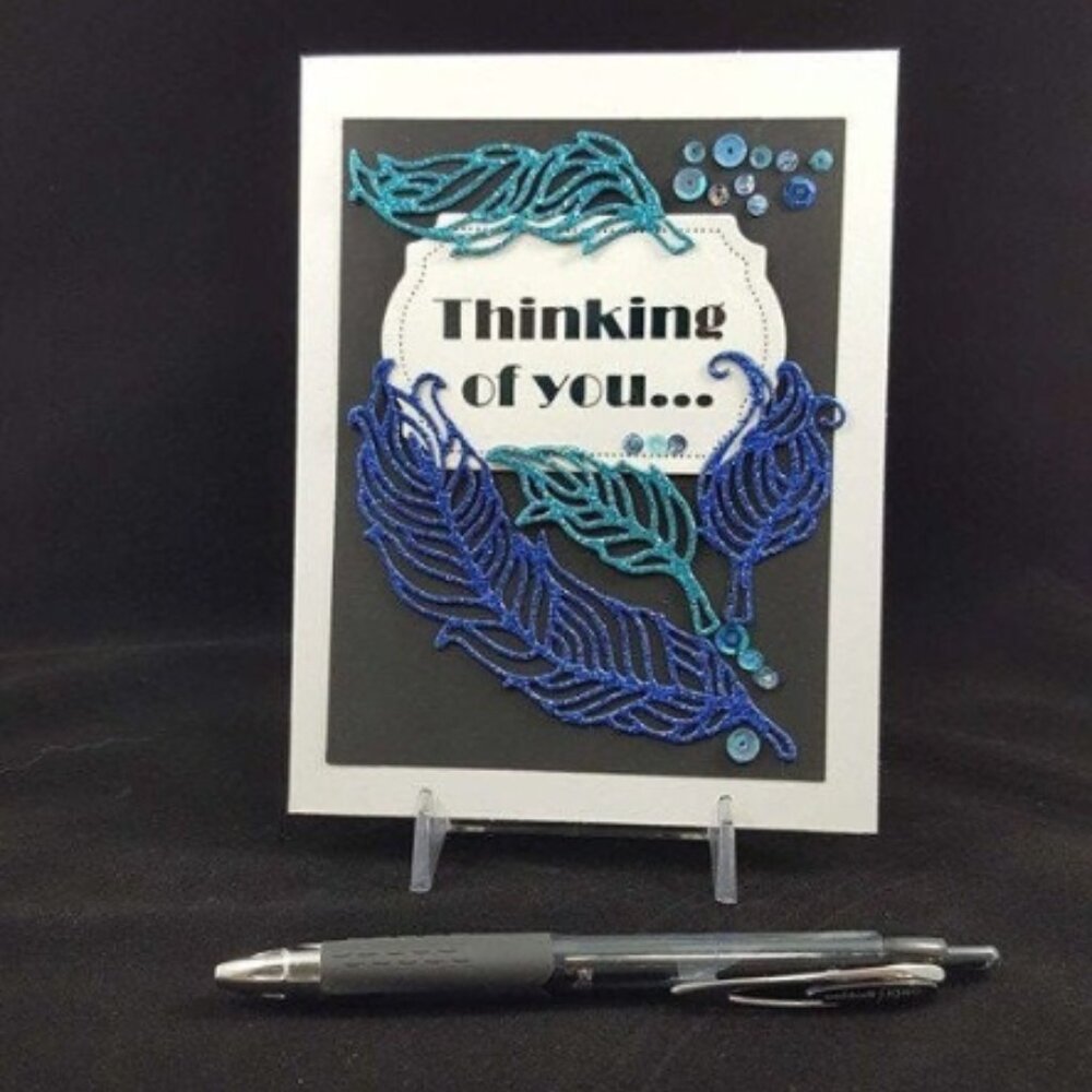 Thinking of You Note Cards, Feather, Glitter & Foil Embellished - Blue/Turquoise